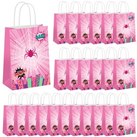 Henoyso 24 Pcs Spider Party Gift Bags with Handles Pink Ghost Spider Theme Birthday Decorations Treat Candy Snack Bags for Baby Shower, Party Supplies