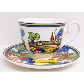 Village Art Deco Tea Cup & Saucer Fine Bone China Exclusive Countryside Scene Hand Decorated in UK