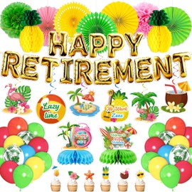 69PCS Luau Retirement Party Decorations Kit - Hawaiian Happy Retirement Banner Hanging Swirls Balloons Pom Poms Paper Fans Honeycomb Cupcake Toppers Beach Supplies
