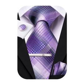 Hi-Tie Classic Mens Silk Ties Set 4 PCS Necktie Pocket Square Cufflinks Clip Pin Solid Strip Paisley Tie,Lilac Purple