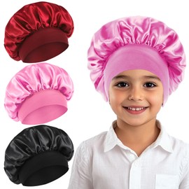 CIATBYYJ 3 Pcs Soft Wide Kids Bonnets for Sleeping Adjustable Sleep Hair Bonnet for Baby Kid Elastic Band Sleeping Hair Bonnets for Kids Baby Girls Boys Toddler (Black/Pink/Burgundy)