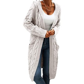 GeGekoko Women's Cardigan with Hood Long Sleeve Chunky Knit Cardigan Open Front Sweater Autumn Winter Casual Knitted Cardigan Pullover with Pockets, White, XL