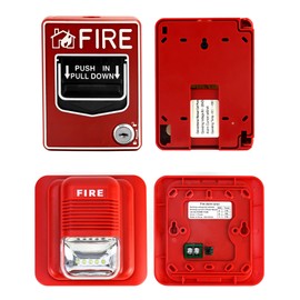 QWORK Wired Emergency Fire Alarm Station, 12 / 24V DC Wired Sound and Light Fire Alarm Warning Strobe Siren Horn and Dual Action Manual Call Point Fire Alarm Panic Button 9-28VDC with 2 Keys