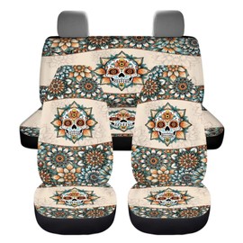 ZIATUBLES Bohemian Flower Skull Print Car Seat Covers 4 PCS Car Seat Covers Breathable Automotive Accessories for Front & Rear Car Interior Decor Universal Fit Car Sedan SUVs