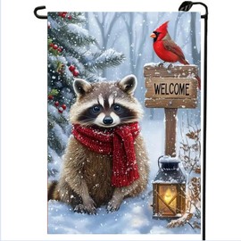 Welcome Winter Garden Flag 12x18 Inch Double Sided, Burlap Holiday Small Farmhouse Outdoor Raccoon Garden Flag Winter Decorations, Small Decorative Yard Lawn Flags for Outside