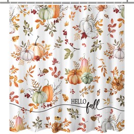 Lindameler Fall Pumpkin Shower Curtain for Bathroom, Autumn Fallen Maple Leaves Shower Curtain for Fall Bathroom Decor Waterproof Fabric Bath Curtain with 12 Hooks, 72 X 72 Inch