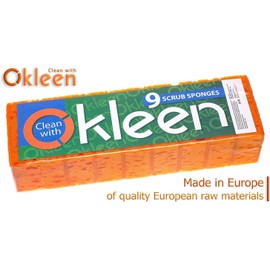 Okleen Orange Multi Use Scrub Sponge. Made in Europe. 9 Pack, 4.3x2.8x1.4 inches. Odorless Heavy Duty and Non Scratch Fiber. Durable and Delicate Scrubber for Dirty Surfaces in Kitchen, Home, Outdoors