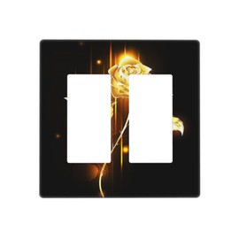2 Gang Double Decora/GFCI Device Wall Plate Black and Golden Rose Gold Brass Flower Romantic Floral Print Electrical Standard Size Decorator Light Switch or Receptacle Outlet Cover Face Plate Dimmer