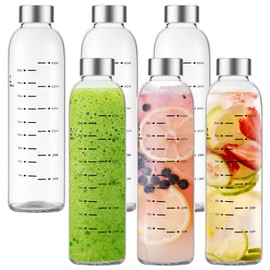 Olivego Glass Water Bottles with Lids 25 oz, Clear Glass Juice Bottles With Stainless Steel Cap, Reusable Drinking Bottle for Juicing, Refrigerator,100% Leak Proof, BPA Free, Set of 6