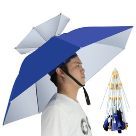 NEW-Vi Fishing Umbrella Hat Folding Adjustable Sun Rain Cap, 37.4”Oversize Hands Free Umbrellas, 7-Ribs Anti-UV Waterproof Headwear for Fishing Gardening Golf Sunshade Outdoor (Blue)