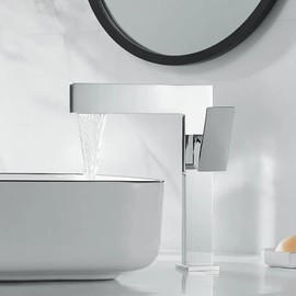 KunMai Chrome Ultra-Thin Bathroom Vessel Sink Faucet Single Handle Waterfall Mixer Tap Solid Brass 1-Hole Lavatory Vanity Sink Faucets (Chrome)