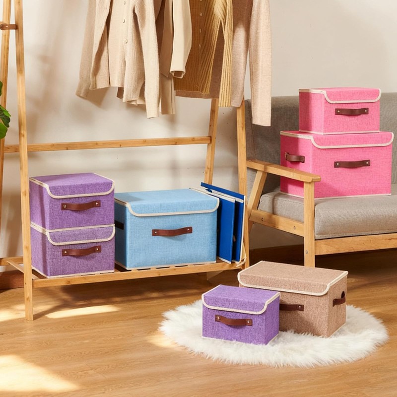 2PCS Storage Boxes with Lids Cotton Linen Fabric Bins Baskets