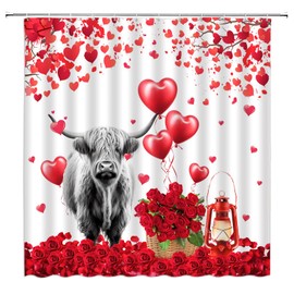 YNFUQANLN Valentine's Highland Cow Shower Curtain Red Heart Rose Funny Grey Animal Tree Love Farmhouse Romantic 70" Wx70 H Fabric Bathroom Decor Curtain with Hooks