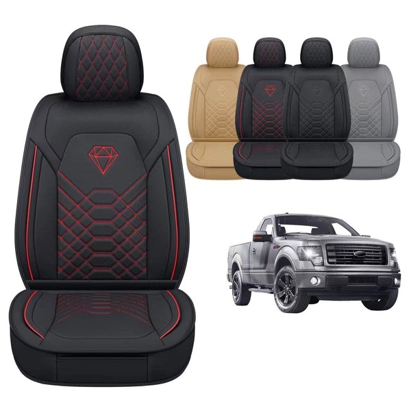 GXT Car Seat Cover Full Set with Waterproof Leather, Automotive Seat Cushion for Pickup Truck Fit for Select 2009-2022 Ford F-150 Models and 2017-2022 F250 F350 F450 Models (Black Red Stripe)