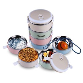 Spill Proof Dog Cat Travel Bowl Portable 304 Stainless Steel Multiple Layers Pet Water Food Storage Container with Invisible Handle for Pet Outdoor Traveling Raised Feeding (4 Layer)