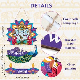 HPNIUB Happy Diwali Front Door Wood Signs, Diwali Party Games Wall Decor, Lotus Hangings Decoration Indian Sacred Elephant Wooden Plaque Festival Decorations for Home Housewarming Indian Garland