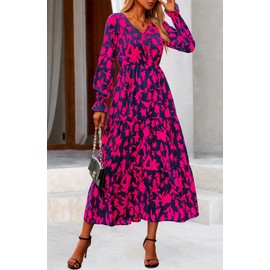 NOLLSOM Women's 2024 Fall Dresses Boho Maxi Dress Casual Long Sleeve V Neck Floral Dresses Wedding Guest Dress(Navy Rose Red Flower,Large)