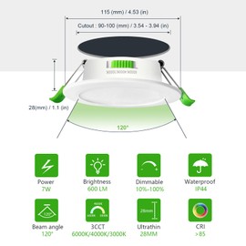 Sweier Ultra Slim 7W Dimmable Recessed Lights, 3 Colour Temperatures (3000K/4000K/6000K), IP44 Waterproof for Bathroom, Kitchen, Living Room - Set of 6
