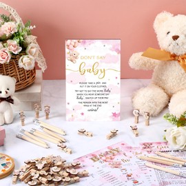 Patelai 321 Pcs Pink Bear Baby Shower Game Supplies for Girl 5 Set Include 50 Activity Cards 20 Pencils 1 Don't Say Baby Sign 50 Clothespins for Price Is Right Prediction Bingo Game Party Decor