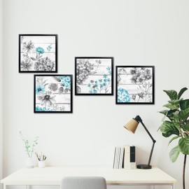 HOMEOART Floral Wall Art Flower Painting Bathroom Wall Art Bedroom Wall Decor, Set of 4, Black Frame 12x12inchx4Pieces (Turquoise)
