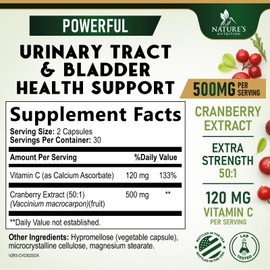 Cranberry Supplement Pills - 500mg Cranberry Extract Per Serving & High Potency Vitamin C - Urinary Tract Health Support for Women & Men - Vegan, Gluten Free, Non-GMO, Bottled in USA - 60 Capsules