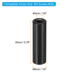PATIKIL 12pcs M3 Metal Threaded Standoff Spacer Nuts, Round Aluminum Spacers Female Coupling Screws, 1/8" ID x 1/4" OD, Black 3x6x20mm