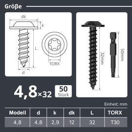 Dayalo Pack of 50 self-tapping screws, 4.8 x 32 mm, black, stainless steel flat head with disc Torx screws, self-tapping screws, drilling screws, wood screws, lens head, full thread, with drill