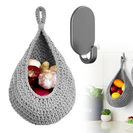 XIZAO Hanging Fruit Baskets Handwoven Boho Wall Hanging Basket with Strong Hooks Teardrop Decorative Produce Basket for Kitchen Vegetable Home Onion Storage Organizer Bag 1 Pcs