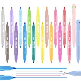 IGreis Dual Tip Aesthetic Highlighters 16 Colors and 2 Pcs 3 in 1 Multicolor Gel Pens 6 Colors Ink, Chisel & Fine Tips, No Bleed, Cute Bible Highlighters Assorted Colors for Journaling Textbook