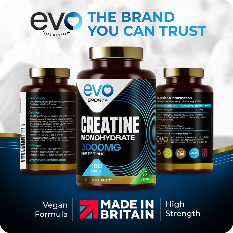 EVO NUTRITION Creatine Monohydrate Tablets 3000mg - 180 Creatine Tablets