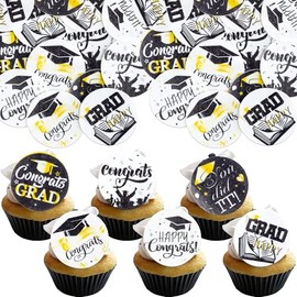 Ephlyn 54Pcs Edible 2026 Graduation Cupcake Toppers Wafer Paper Grad Cap Cupcake Picks Diploma Done Congrats Grad Cake Decorations for Class of 2026 Graduation Party Supplies Black Gold