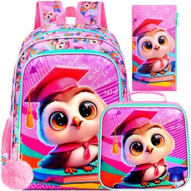 3PCS Owl Bookbag for Girls, 16" Kids Backpack with Lunch Box, Water Resistant Elementary Preschool Toddler School Bag - Pink Dr. Owls