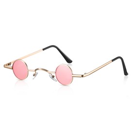 Vintage Sunglasses with Round Metal Frame Retro Glasses with Small Circle Hippie Oval Sunglasses for Men Women, Gold, Pink