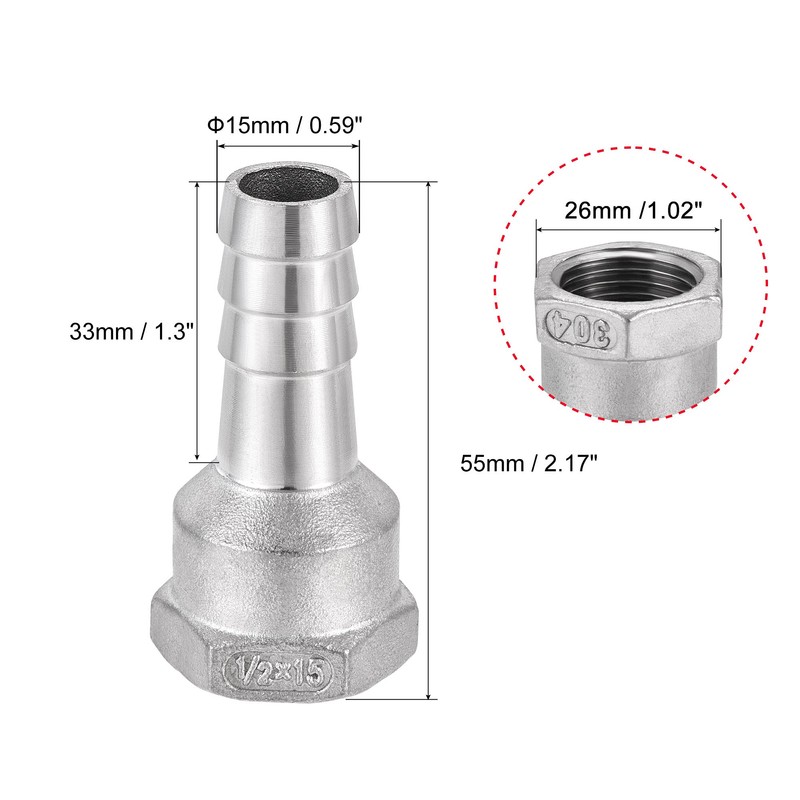 sourcing map 304 Stainless Steel Barb Hose Fitting Connector Adapter