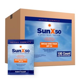 CoreTex Paquetes De Protector Solar De Amplio Espectro Sun X Fps 50 - Paquete A Granel Con 100 Protectores Solares Sin Parabenos, Oxibenzona, Octinoxato Ni Aceite - Sin Color Blanco Y Resistente Al