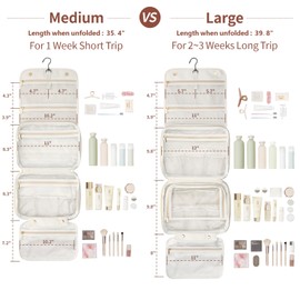 PACKISM Hanging Travel Toiletry Bag for Women - Plaid Leather Travel Makeup Bag with Detachable Organizer, Waterproof Cosmetic Bag for Full-Sized Toiletries Fit Shower Bathroom Cruise, Off-white (M)