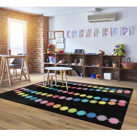 Flagship Carpets Schoolgirl Style Rainbow Poms Classroom Area Rug for Indoor Classroom Learning or Kid Bedroom Educational Play Mat, 5'x7'6", Black
