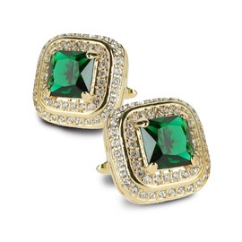 Vittorio Vico Square Colored Crystal Double Diamond Set Cuff Links (Emerald/Gold, CL-7514)
