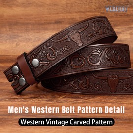 WERFORU Western Leather Belt Strap for Men Women Cowboy Western Belts without Buckle Men Western Leather Belt for Jeans Pants Dresses,C-coffee-cow pattern,Fit Size 33"-37"
