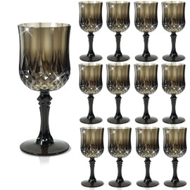 CHLJAR 7oz Plastic Vintage Drinking Glasses Wine Glasses Vintage Champagne Flutes Unbreakable Wedding Glassware Crystal Water Goblets Reusable Drinkware (Black, 12 PCS)