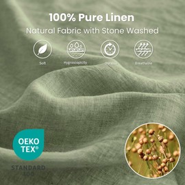 Simple&Opulence 100% Linen Sheet Set 4 Pieces Natural France Flax Bed Sheet (1 Flat Sheet, 1 Fitted Sheet, 2 Pillowcases) Breathable Luxury Hotel Bedding - Embroidery Sage Green, King Size