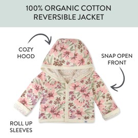 HonestBaby Front Hooded Jackets, Side-snap Top, Hoodies in Cozy 100% Organic Cotton Infant Baby Boys, Girls, Unisex, Painted Floral Pink, 24 Months