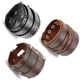 Aroncent 3 PCS Herren Breite Armbänder, Punk Rock Niete Gürtelschnalle Motorradfahrer Leder Armband Armreif Armschmuck Handgelenk, Braun Schwarz
