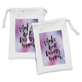 Ambesonne Saying Fabric Pouch Set of 2, Make Your Dreams Happen Saying About Dreams Goals and Life, Small Drawstring Bag for Toiletries Masks and Favors, 9" x 6", Lavender Pink and Black