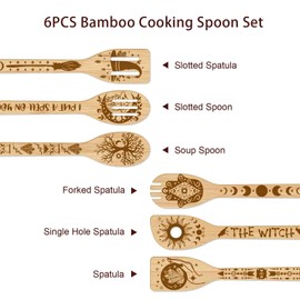 GLOBLELAND 6Pcs Magic Divination Bamboo Cooking Utensils Wooden Engraved Cooking Spoons Set Carving Kitchen Bamboo Spatula Set Wood Cooking Spoon for Kitchen House Warming Gift