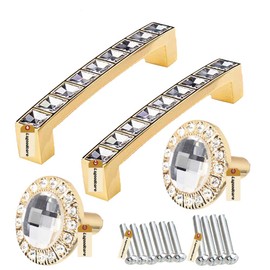 Crystal Glass Drawer Dresser Pull Handles 3.8 Inch Modern U Shaped Cabinet Decoration Handle Golden & Rhinestone Door Cupboard Furniture Pulls Knobs Gold Lsgoodcare