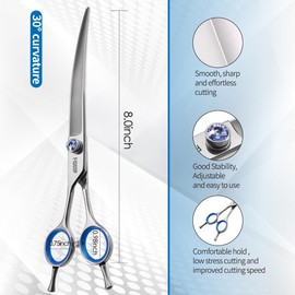 FOGOSP Left Handed Curved Scissors for Dog Grooming Professional 8 inch Long Downward Curved Shears Grooming for Poodle Large Dogs Pet 30°Japanese 440C Stainless Steel (8.0 curved)