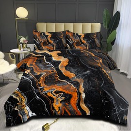 CCoutueChen King Size Orange Marble Comforter Set Black Marble Bedding Set Abstract Marble Down Comforter Decor Quilt Set for Adult Women Girls 3Pcs Soft Lightweight Bed Set