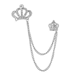 coadipress Crown With Hanging Chain Brooch for Women Men Elegant Gentlemen Gold Silver Crystal Crown Lapel Pin Vintage Rhinestone Wedding Brooch Suit Shirt Pin Accessories (Silver crown)