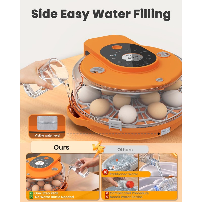 15 Egg Incubator with Side Water Refill, Auto Humidity Control,